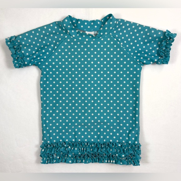 RUFFLE BUTTS Girl's Teal Polka Dot Ruffle Short‎ Sleeve Swim Rash Guard Size 6 - Picture 1 of 8